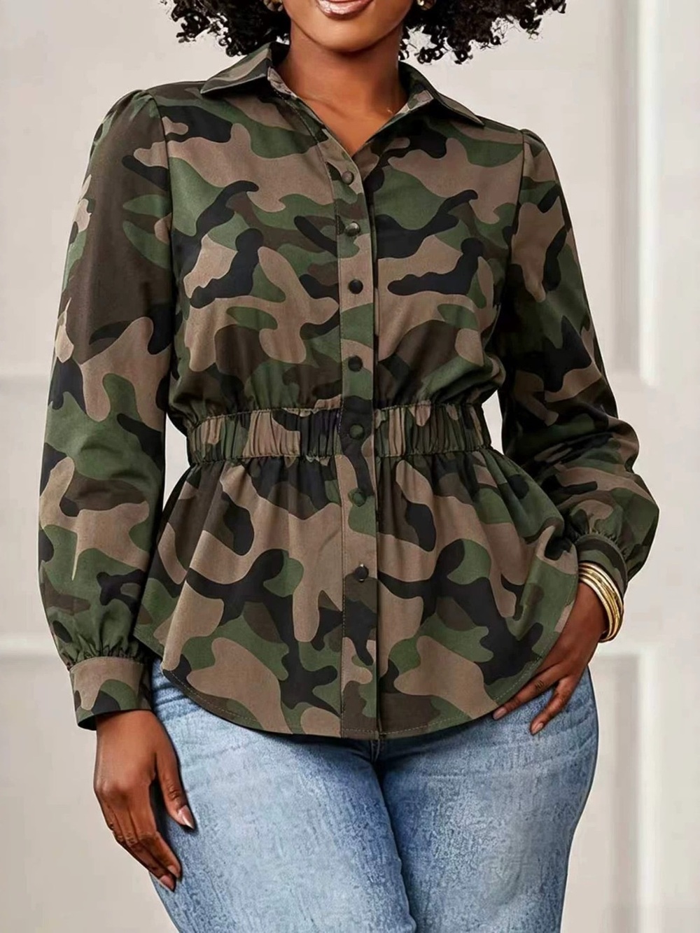Camouflage Button Front Long Sleeve Blouse